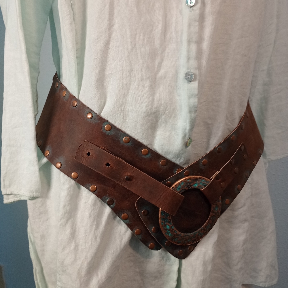 Designer Brown Leather Belt With Bronze Studs and Verdigris - Picture 3 of 8